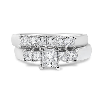 14K White Gold 1 1/2 Cttw 5 Stone Princess Diamond Engagement Wedding Ring Set (H-I Color, SI2-I1 Clarity) - Ring Size 7 Bids.com