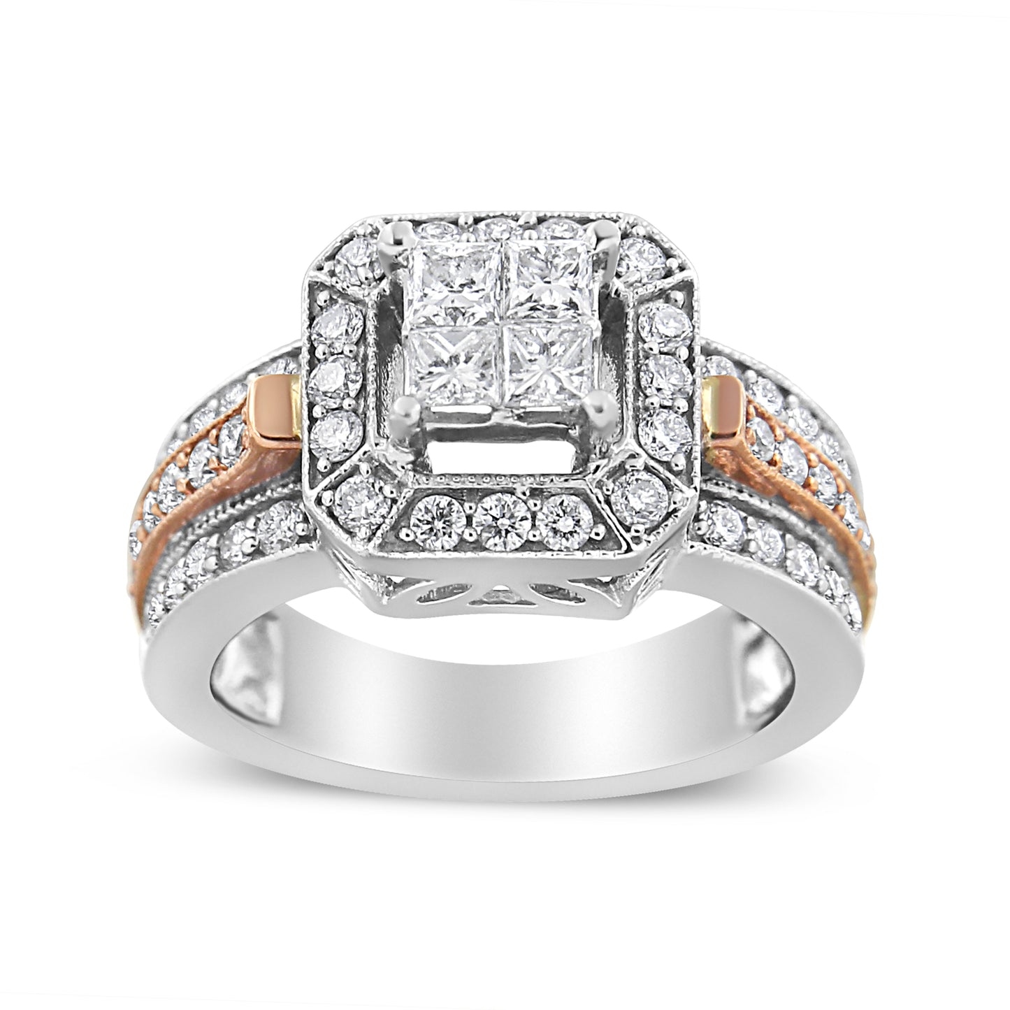 14K White and Rose Gold 1 1/8 Cttw Princess and Round-Cut Diamond Art Deco Style Triple Shank Halo Cocktail Ring (I-J Color, SI2-I1 Clarity) - Size 7 Bids.com