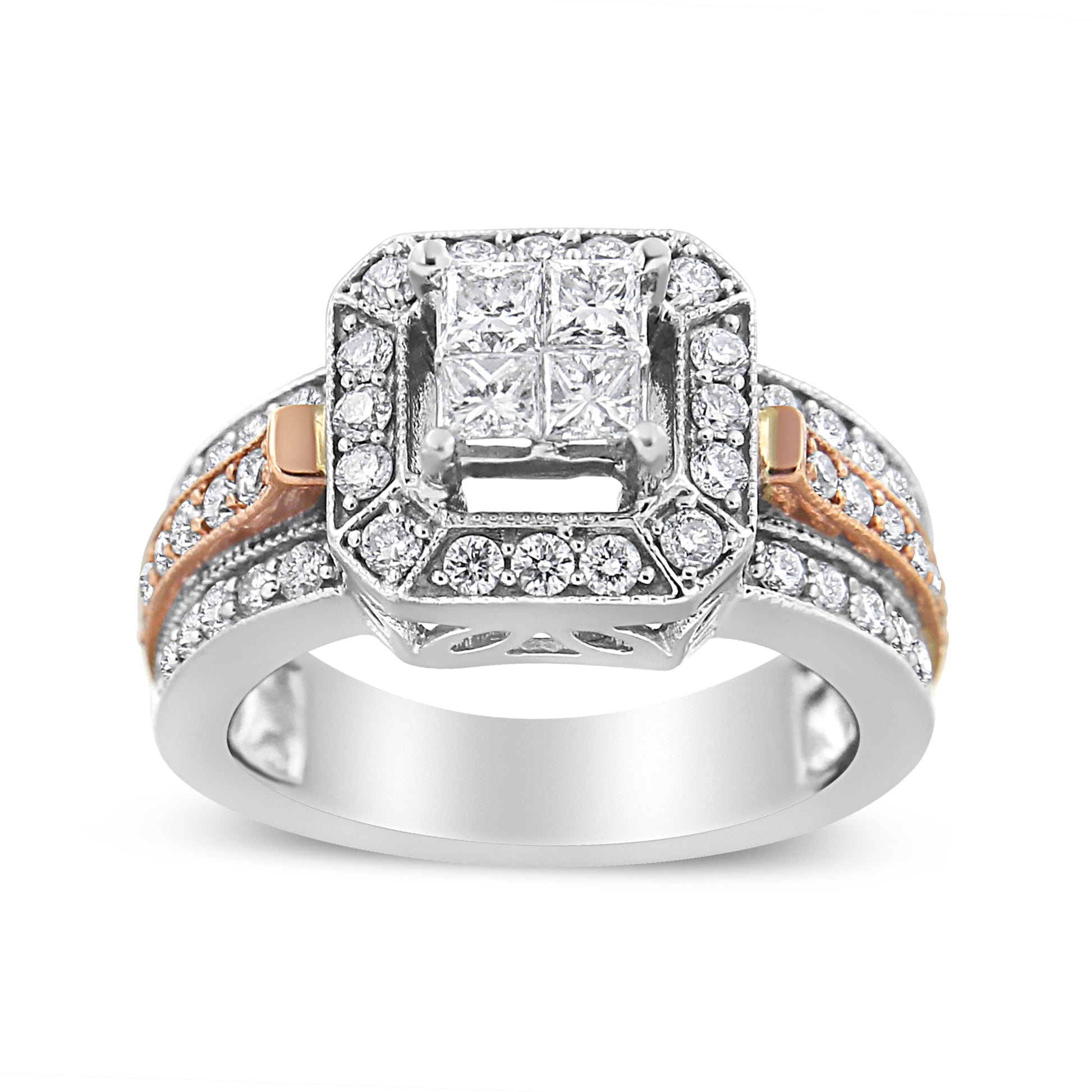14K White and Rose Gold 1 1/8 Cttw Princess and Round-Cut Diamond Art Deco Style Triple Shank Halo Cocktail Ring (I-J Color, SI2-I1 Clarity) - Size 7 Bids.com
