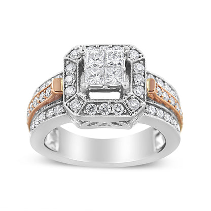 14K White and Rose Gold 1 1/8 Cttw Princess and Round-Cut Diamond Art Deco Style Triple Shank Halo Cocktail Ring (I-J Color, SI2-I1 Clarity) - Size 7 Bids.com