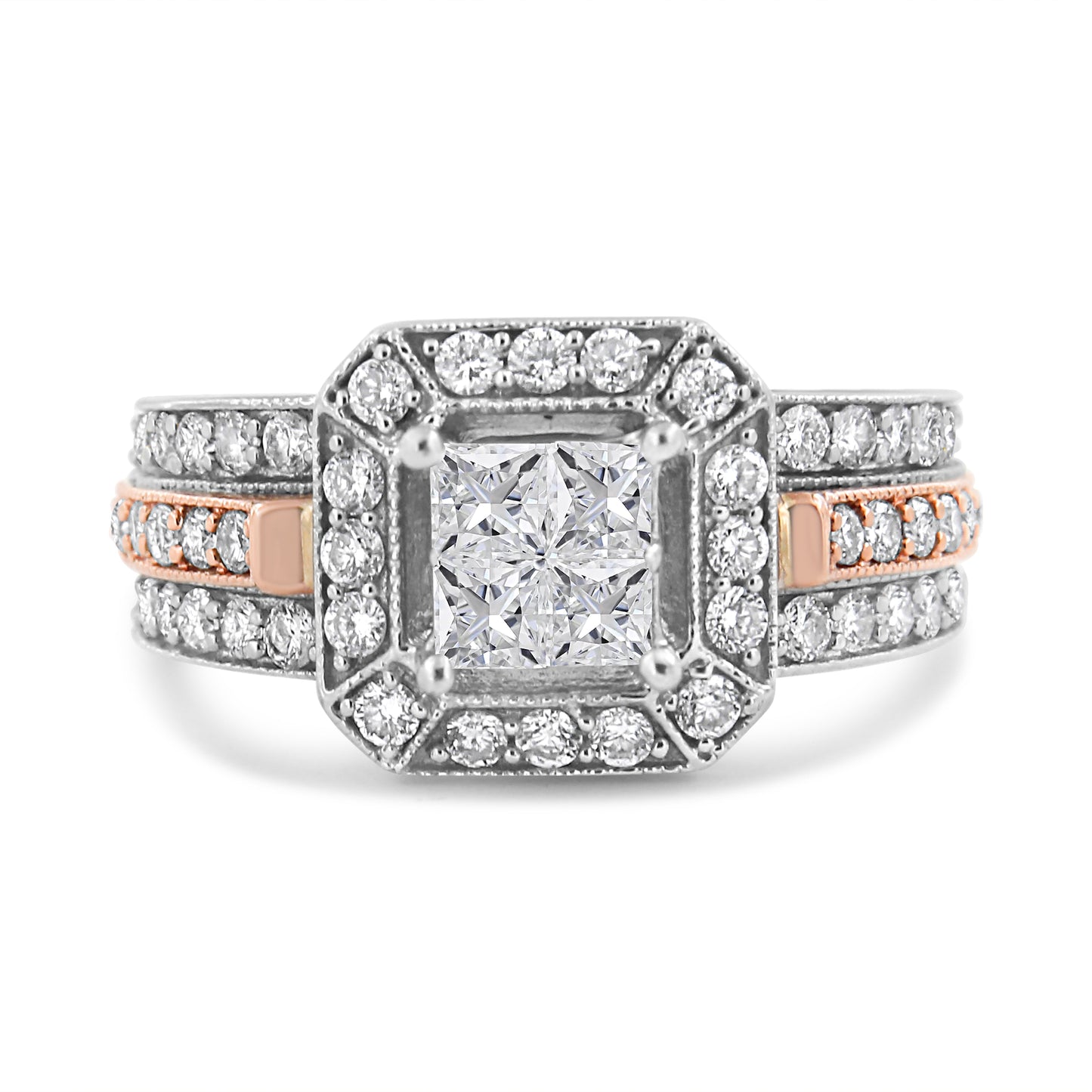 14K White and Rose Gold 1 1/8 Cttw Princess and Round-Cut Diamond Art Deco Style Triple Shank Halo Cocktail Ring (I-J Color, SI2-I1 Clarity) - Size 7 Bids.com