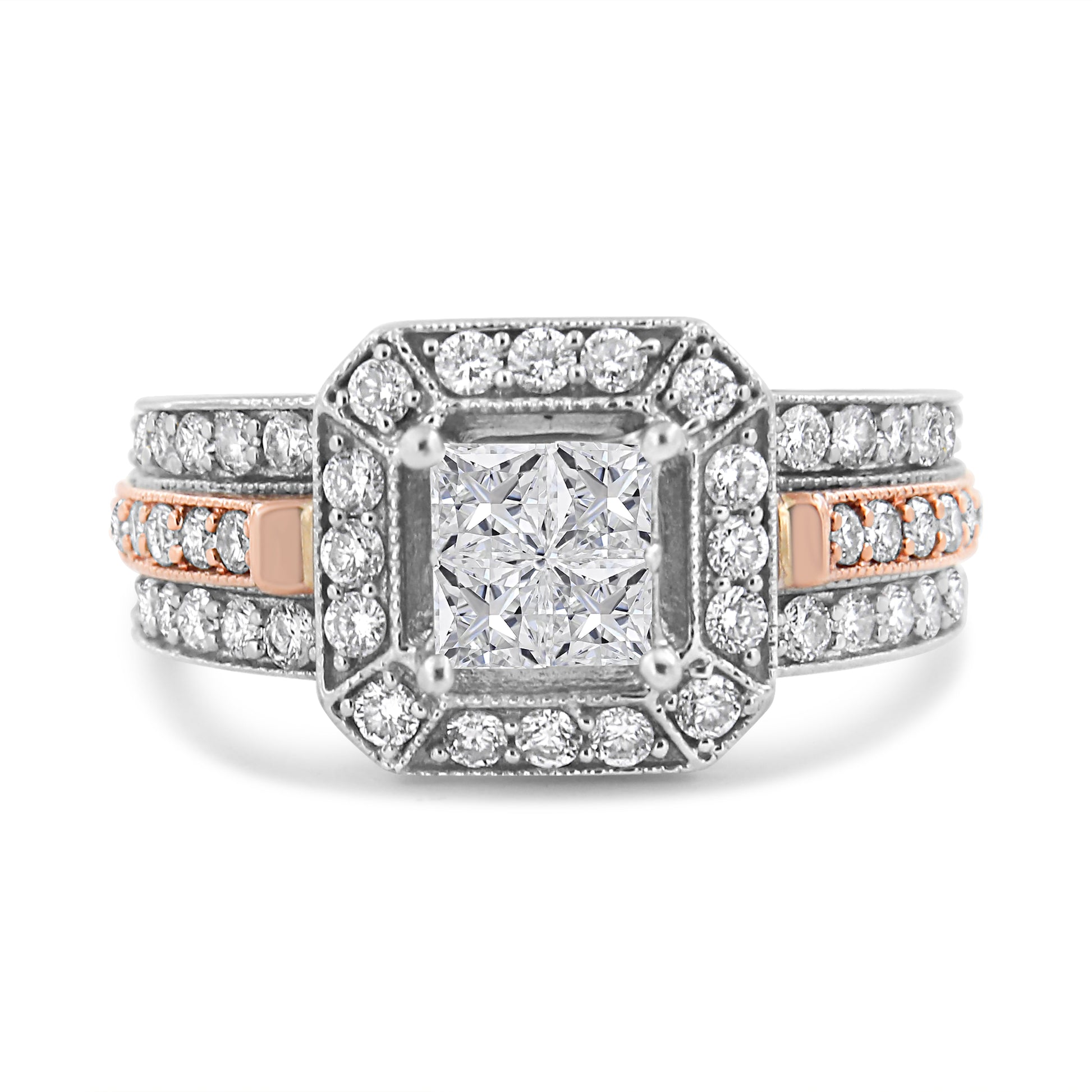 14K White and Rose Gold 1 1/8 Cttw Princess and Round-Cut Diamond Art Deco Style Triple Shank Halo Cocktail Ring (I-J Color, SI2-I1 Clarity) - Size 7 Bids.com
