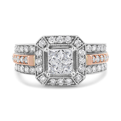 14K White and Rose Gold 1 1/8 Cttw Princess and Round-Cut Diamond Art Deco Style Triple Shank Halo Cocktail Ring (I-J Color, SI2-I1 Clarity) - Size 7 Bids.com