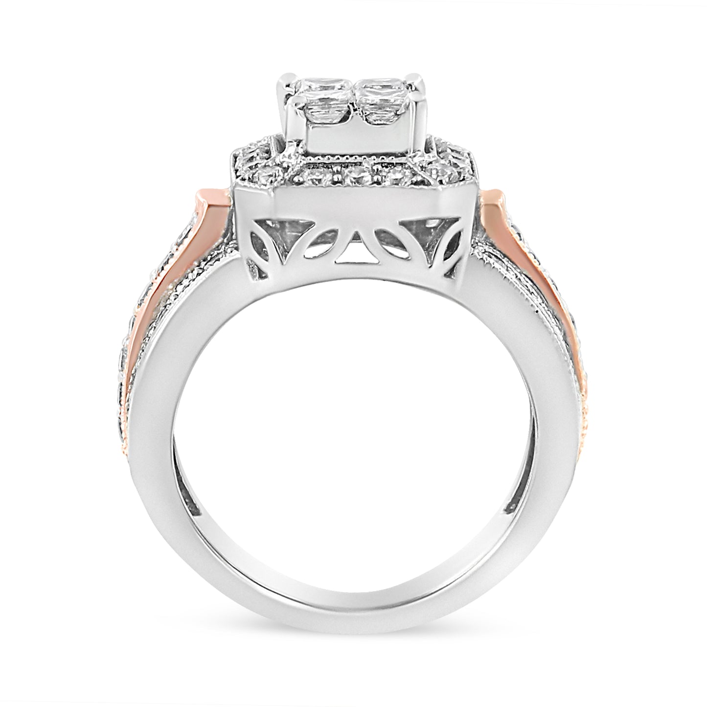 14K White and Rose Gold 1 1/8 Cttw Princess and Round-Cut Diamond Art Deco Style Triple Shank Halo Cocktail Ring (I-J Color, SI2-I1 Clarity) - Size 7 Bids.com