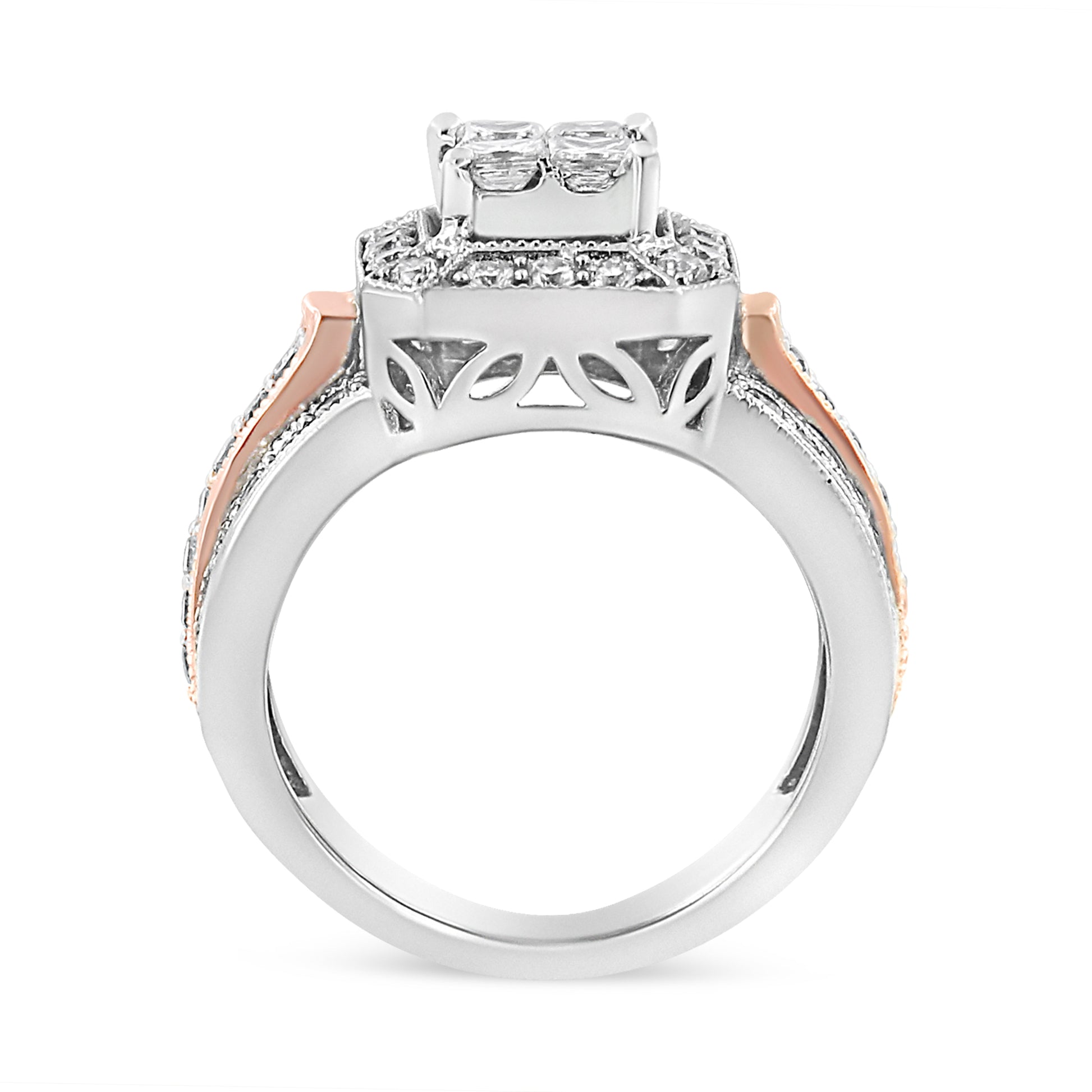 14K White and Rose Gold 1 1/8 Cttw Princess and Round-Cut Diamond Art Deco Style Triple Shank Halo Cocktail Ring (I-J Color, SI2-I1 Clarity) - Size 7 Bids.com