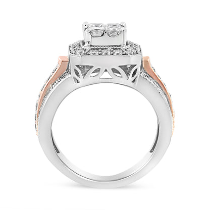 14K White and Rose Gold 1 1/8 Cttw Princess and Round-Cut Diamond Art Deco Style Triple Shank Halo Cocktail Ring (I-J Color, SI2-I1 Clarity) - Size 7 Bids.com