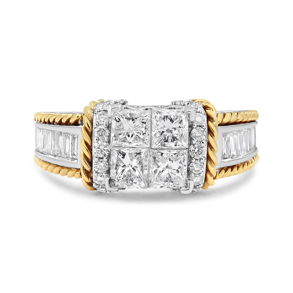 14K White and Yellow Gold 1 1/2 Cttw Invisible Set Princess-Cut Diamond Quad Style Engagement Ring (H-I Color, SI2-I1 Clarity) - Ring Size 7 Bids.com