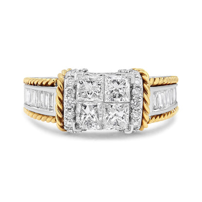 14K White and Yellow Gold 1 1/2 Cttw Invisible Set Princess-Cut Diamond Quad Style Engagement Ring (H-I Color, SI2-I1 Clarity) - Ring Size 7 Bids.com