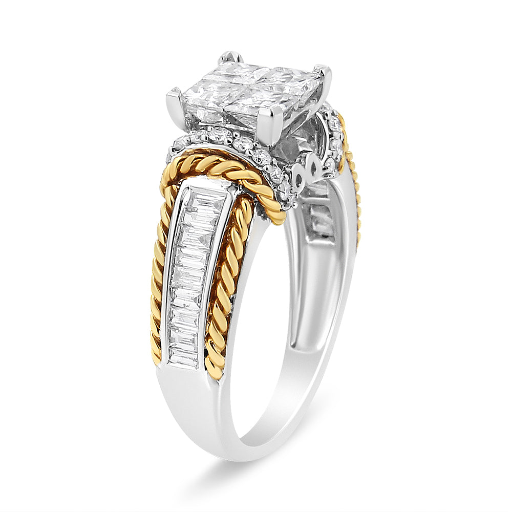 14K White and Yellow Gold 1 1/2 Cttw Invisible Set Princess-Cut Diamond Quad Style Engagement Ring (H-I Color, SI2-I1 Clarity) - Ring Size 7 Bids.com