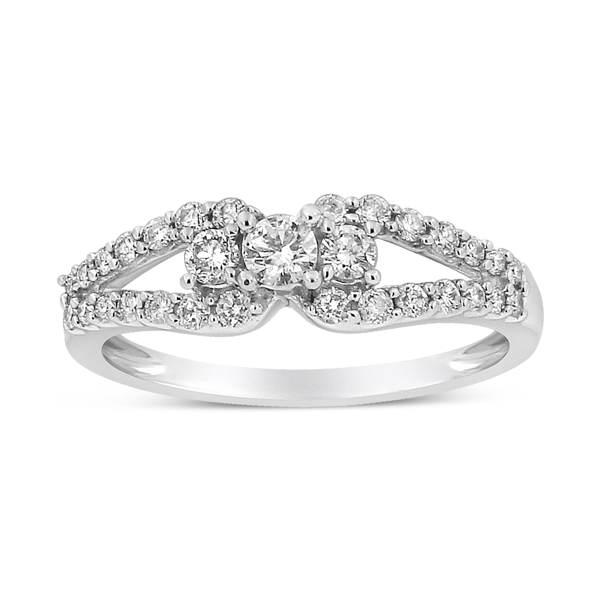 10K White Gold 1/2 Cttw Round Cut Diamond Three Stone Split Shank Band Ring (H-I Color, SI1-SI2 Clarity) - Size 6 Bids.com