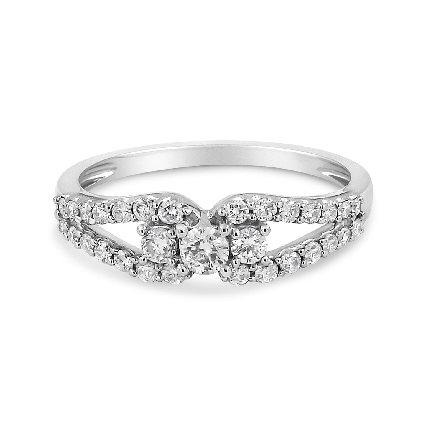 10K White Gold 1/2 Cttw Round Cut Diamond Three Stone Split Shank Band Ring (H-I Color, SI1-SI2 Clarity) - Size 6 Bids.com