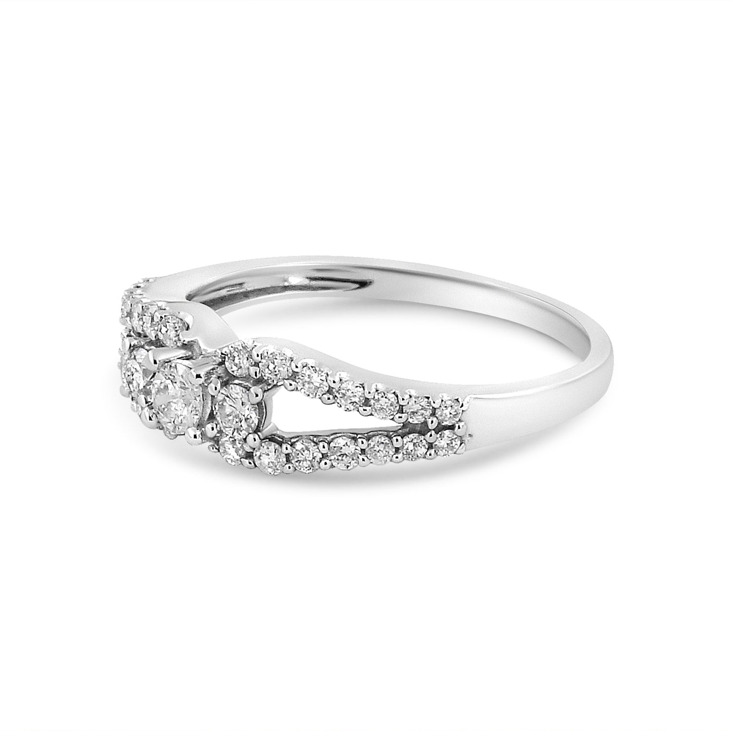10K White Gold 1/2 Cttw Round Cut Diamond Three Stone Split Shank Band Ring (H-I Color, SI1-SI2 Clarity) - Size 6 Bids.com