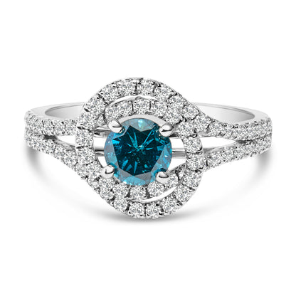 14K White Gold 1-1/3 Cttw White & Blue Diamond Interweaving Double Halo Cocktail Statement Ring (G-H and Fancy Blue Color, SI2-I1 Clarity) - Size 6 Bids.com