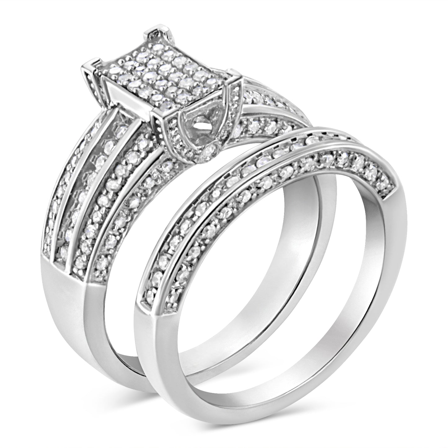 .925 Sterling Silver 3/4 Cttw Prong Set Round Diamond Composite Engagement Ring and Band Set (I-J Color, I3 Clarity) - Size 6.5 Bids.com