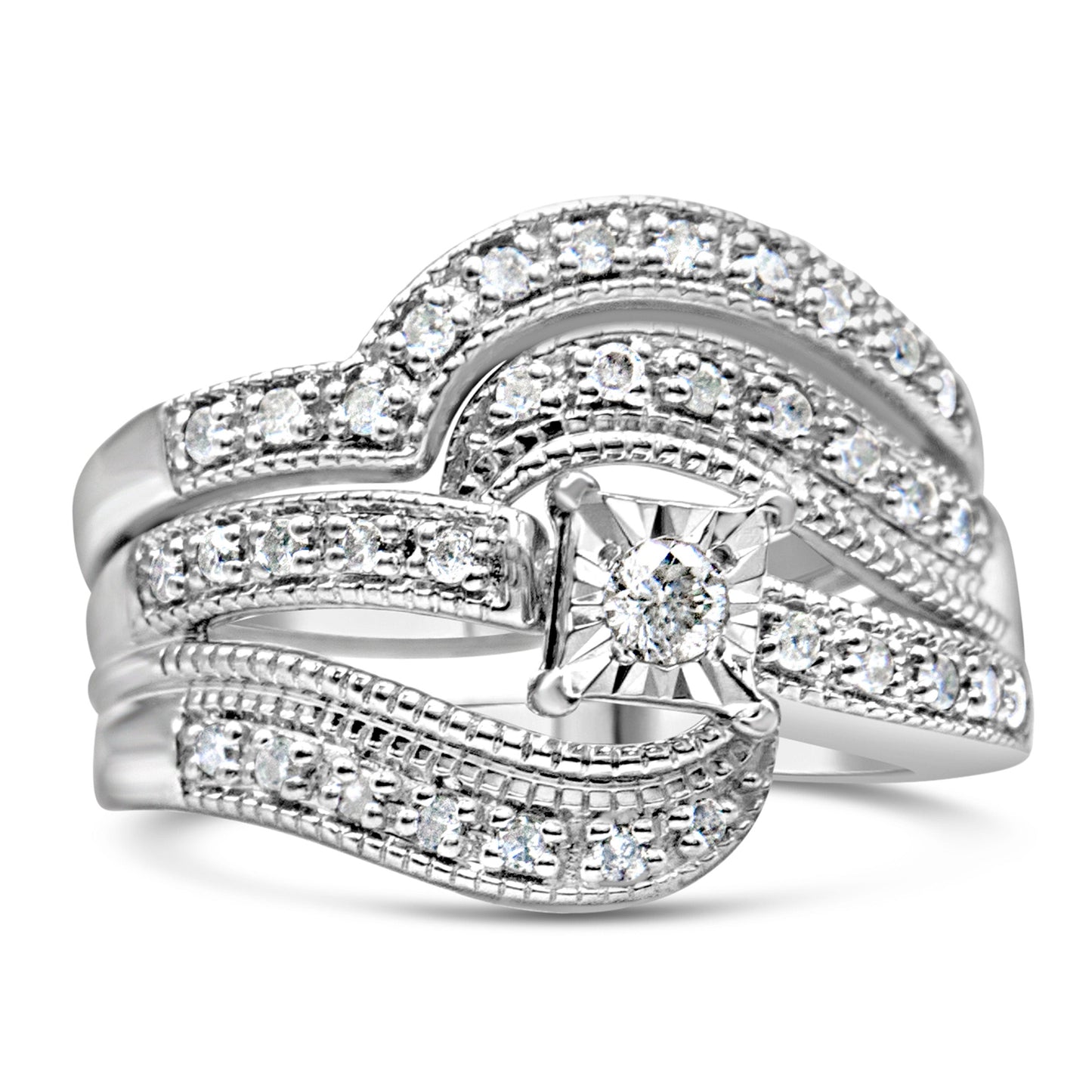 .925 Sterling Silver 1/3 Cttw Round Diamond Crisscross Engagement Ring Bridal Set (H-I Color, I1-I2 Clarity ) - Size 7 Bids.com