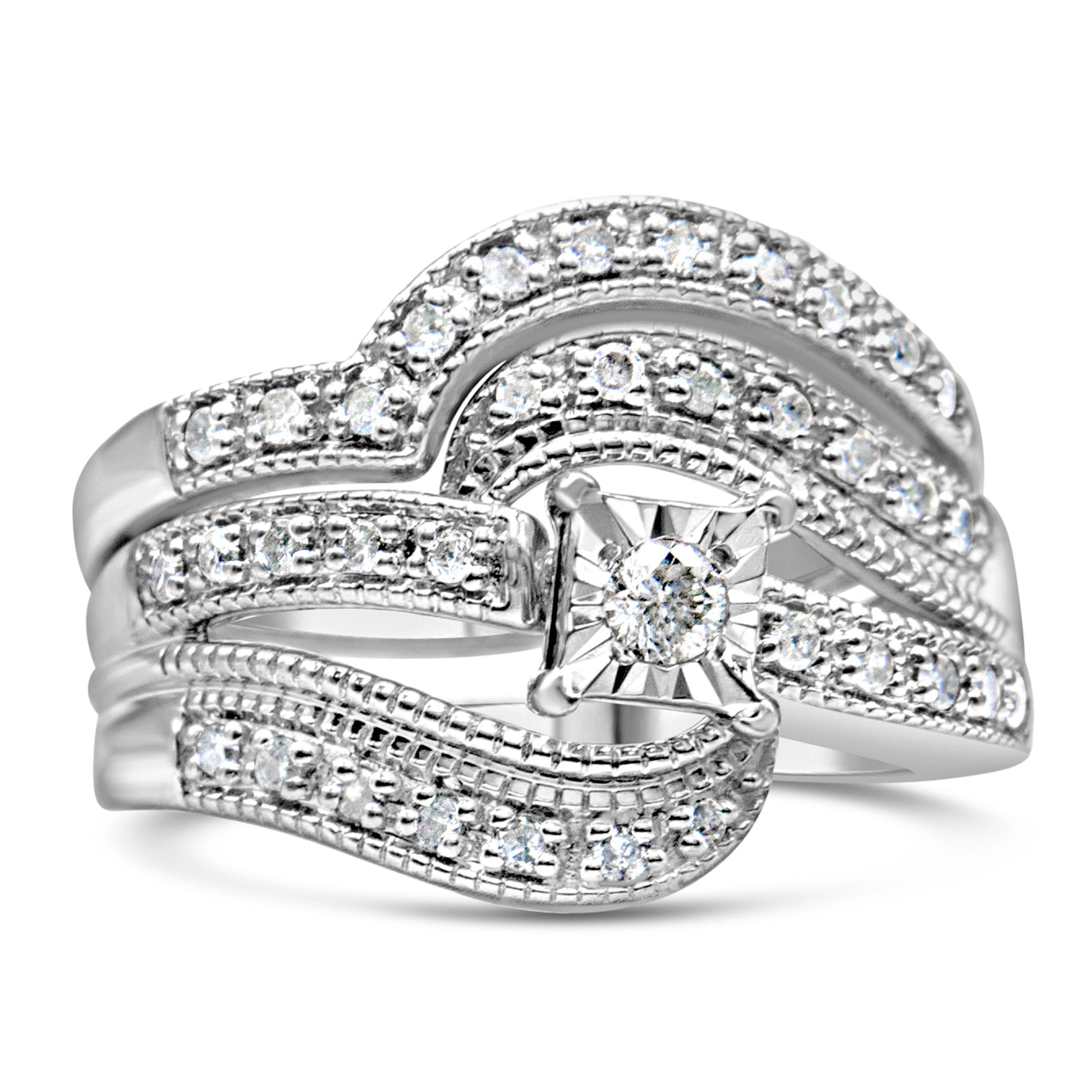 .925 Sterling Silver 1/3 Cttw Round Diamond Crisscross Engagement Ring Bridal Set (H-I Color, I1-I2 Clarity ) - Size 7 Bids.com