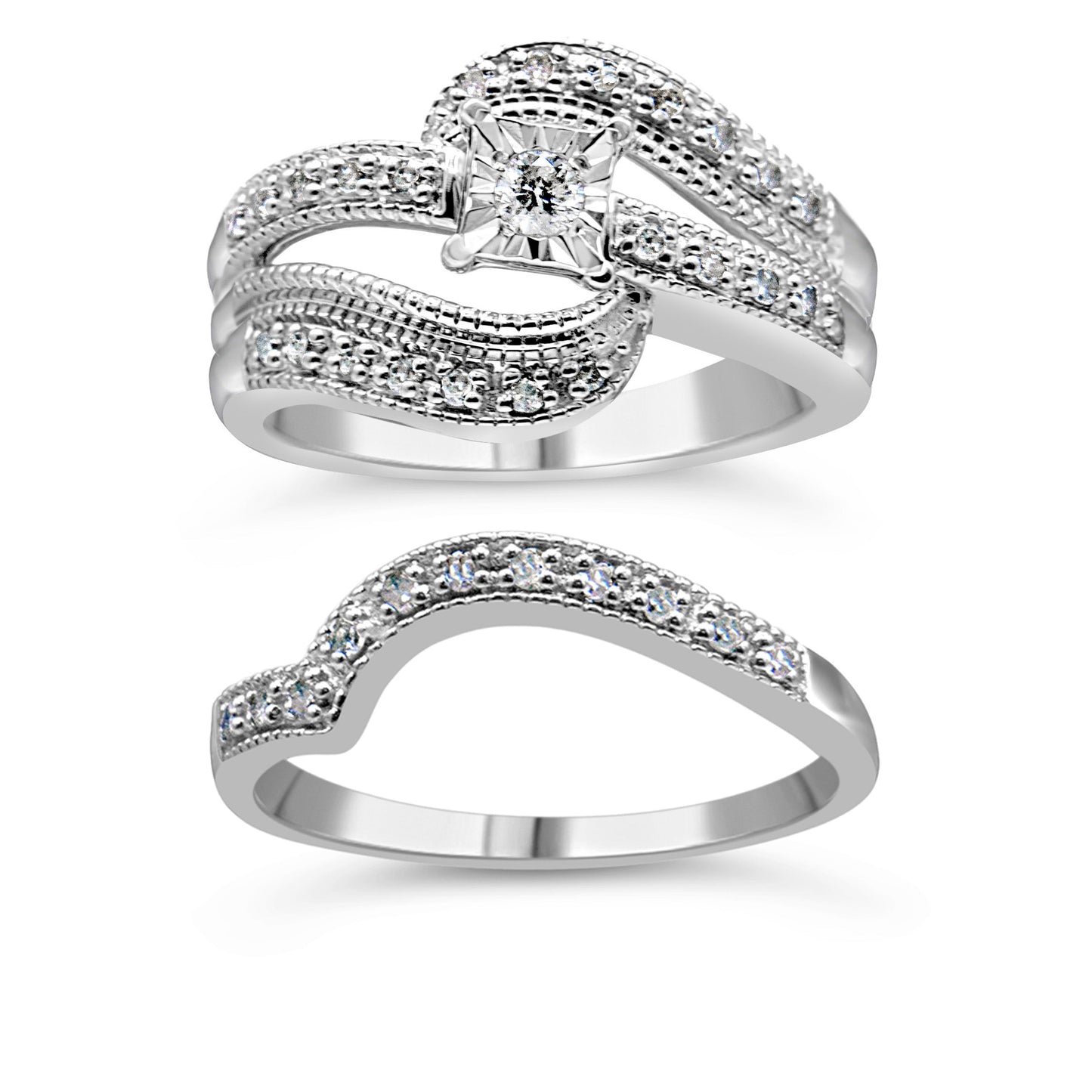 .925 Sterling Silver 1/3 Cttw Round Diamond Crisscross Engagement Ring Bridal Set (H-I Color, I1-I2 Clarity ) - Size 7 Bids.com