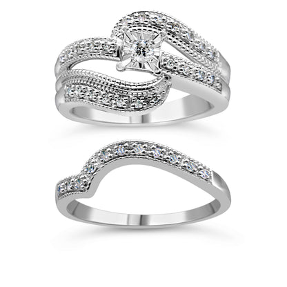 .925 Sterling Silver 1/3 Cttw Round Diamond Crisscross Engagement Ring Bridal Set (H-I Color, I1-I2 Clarity ) - Size 7 Bids.com