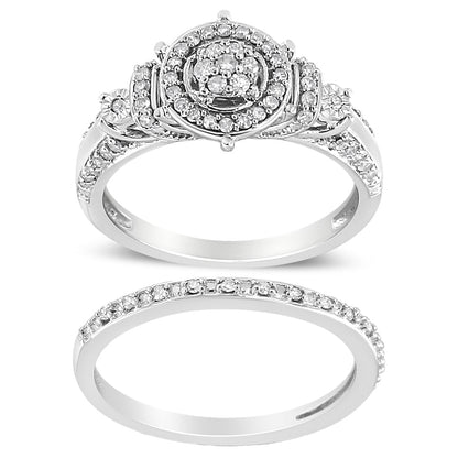 .925 Sterling Silver 1/3 Cttw Diamond 7 Stone Cluster and Halo Engagement Ring and Wedding Band Set (I-J Color, I1-I2 Clarity) - Size 7 Bids.com