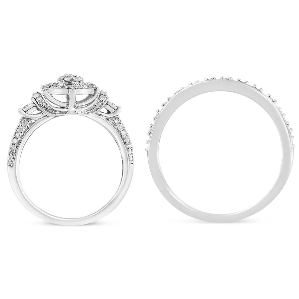 .925 Sterling Silver 1/3 Cttw Diamond 7 Stone Cluster and Halo Engagement Ring and Wedding Band Set (I-J Color, I1-I2 Clarity) - Size 7 Bids.com