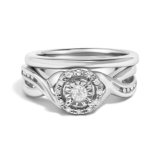 .925 Sterling Silver 1/7 Cttw Diamond Halo Bypass Engagement Ring and Wedding Band Set (I-J Color, I3 Clarity)- Size 7 Bids.com