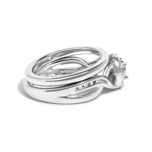 .925 Sterling Silver 1/7 Cttw Diamond Halo Bypass Engagement Ring and Wedding Band Set (I-J Color, I3 Clarity)- Size 7 Bids.com