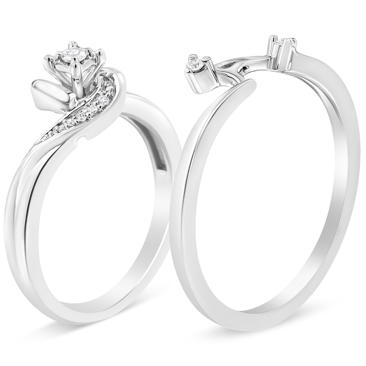 .925 Sterling Silver 1/10 Cttw Diamond Swirl and Bypass Bridal Set Ring and Band (I-J Color, I3 Clarity) - Size 7 Bids.com