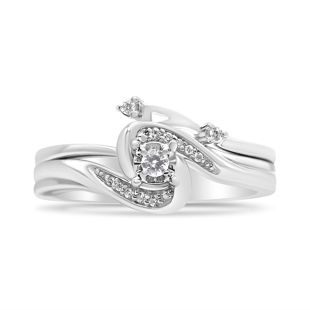 .925 Sterling Silver 1/10 Cttw Diamond Swirl and Bypass Bridal Set Ring and Band (I-J Color, I3 Clarity) - Size 7 Bids.com