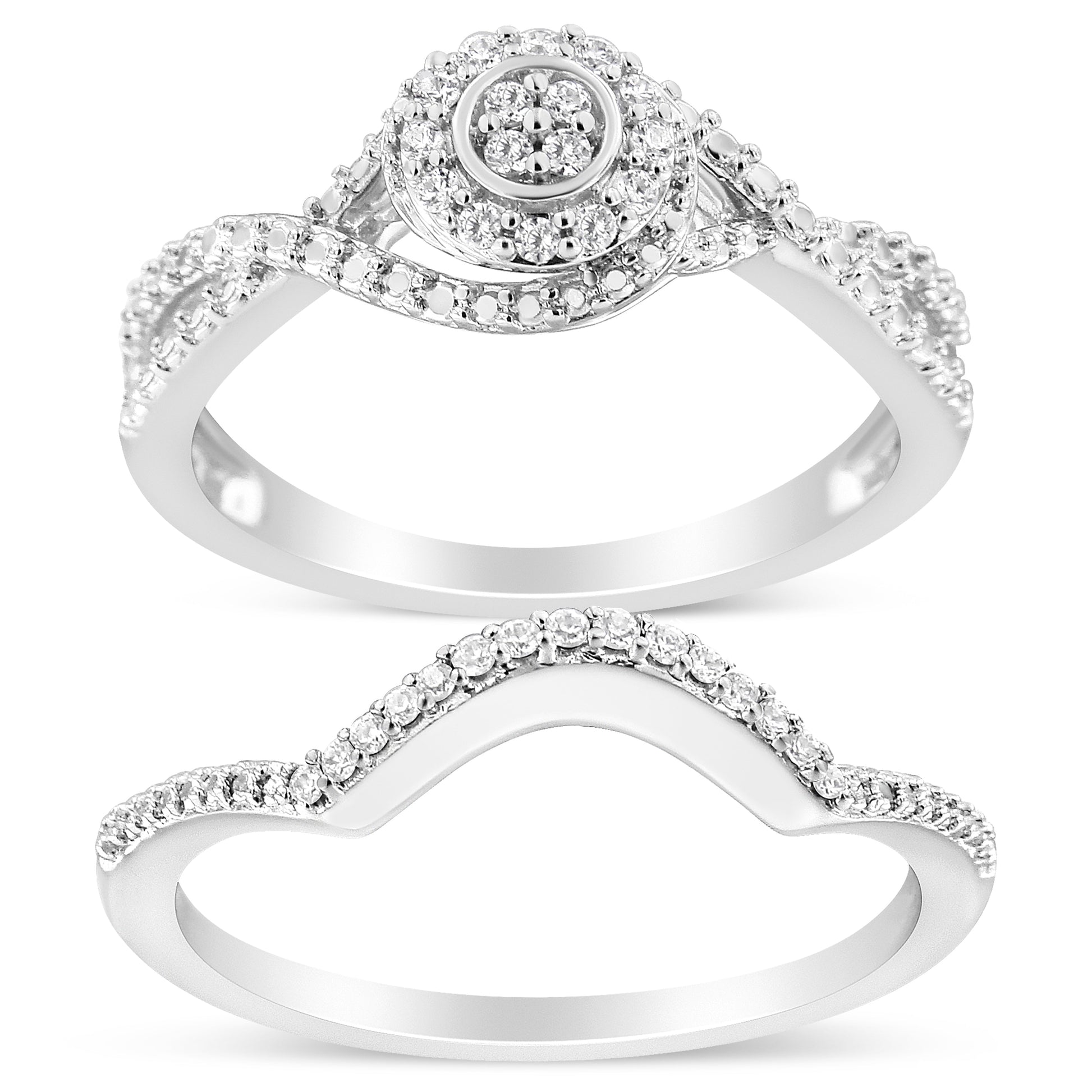 .925 Sterling Silver 1/6 Cttw Diamond Composite Halo and Split Shank Bridal Set Ring and Band  (I-J Color, I3 Clarity) - Size 7 Bids.com