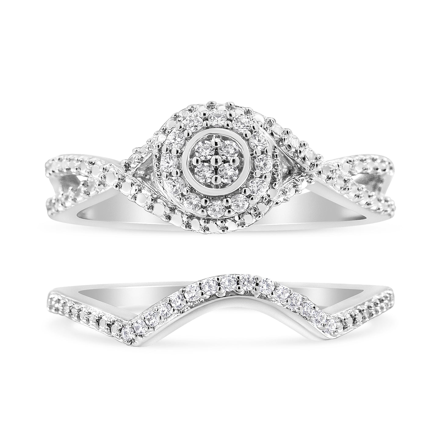 .925 Sterling Silver 1/6 Cttw Diamond Composite Halo and Split Shank Bridal Set Ring and Band  (I-J Color, I3 Clarity) - Size 7 Bids.com