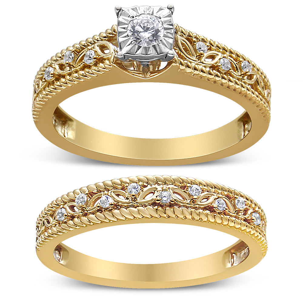 14K Yellow Gold Plated .925 Sterling Silver 1/5 Cttw Diamond Art Deco Style Engagement Ring Bridal Set (I-J Color, I3 Clarity) - Ring Size 7 Bids.com