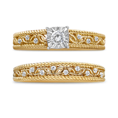 14K Yellow Gold Plated .925 Sterling Silver 1/5 Cttw Diamond Art Deco Style Engagement Ring Bridal Set (I-J Color, I3 Clarity) - Ring Size 7 Bids.com