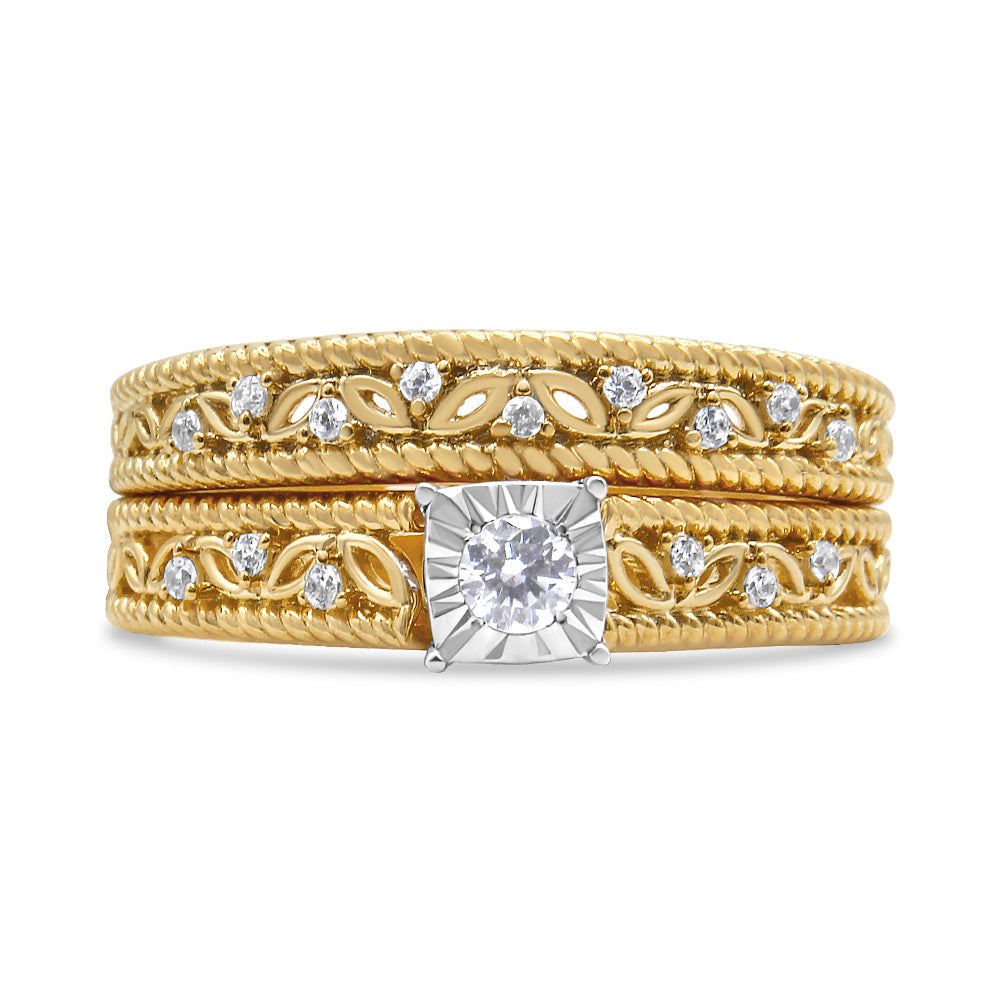 14K Yellow Gold Plated .925 Sterling Silver 1/5 Cttw Diamond Art Deco Style Engagement Ring Bridal Set (I-J Color, I3 Clarity) - Ring Size 7 Bids.com