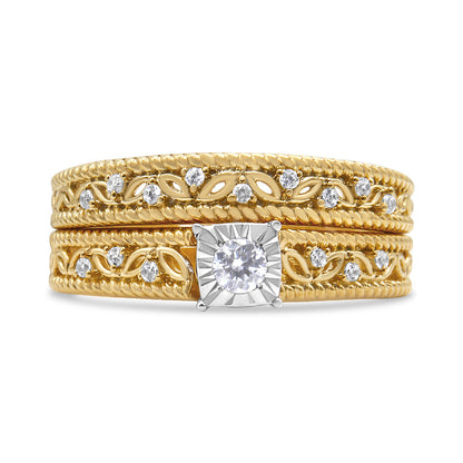 14K Yellow Gold Plated .925 Sterling Silver 1/5 Cttw Diamond Art Deco Style Engagement Ring Bridal Set (I-J Color, I3 Clarity) - Ring Size 7 Bids.com