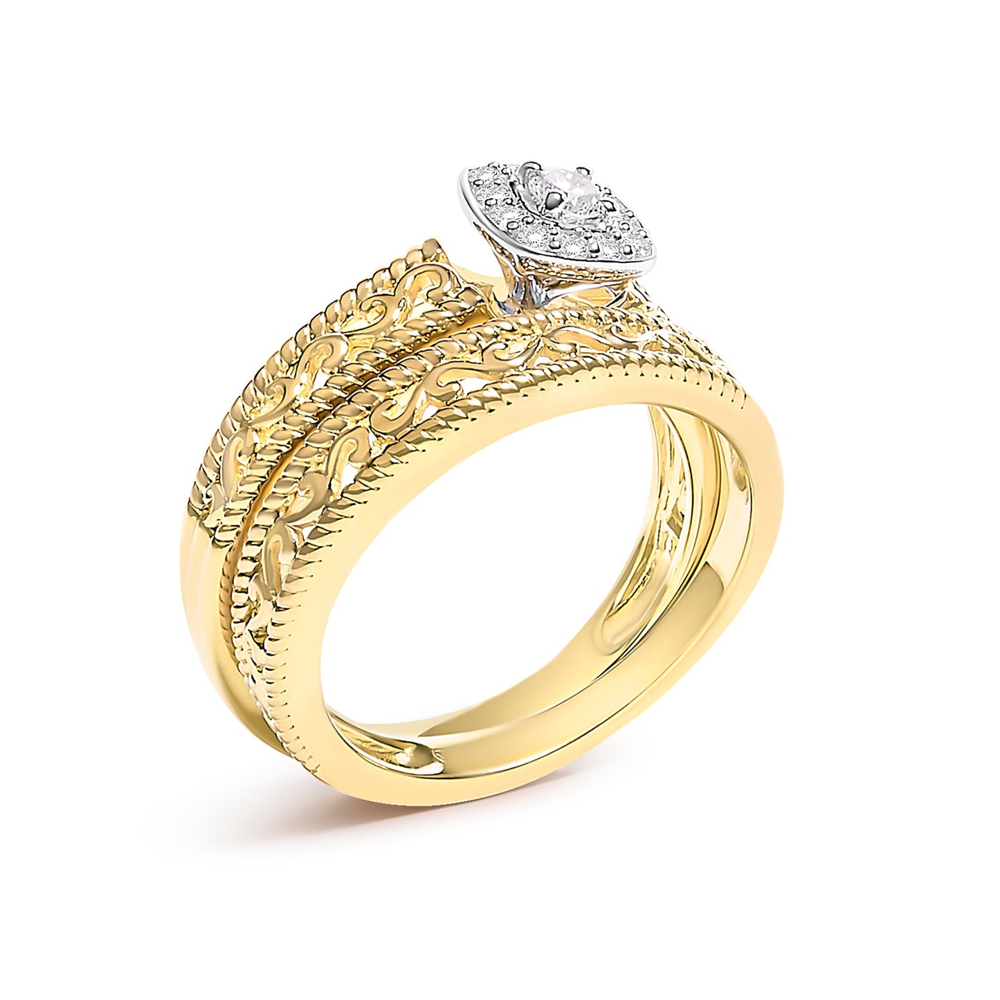 14K Yellow Gold Plated .925 Sterling Silver 1/5 Cttw Diamond Halo and Milgrain Finish Engagement Ring Bridal Set (I-J Color I3 Clarity) - Size 7 Bids.com