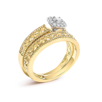 14K Yellow Gold Plated .925 Sterling Silver 1/5 Cttw Diamond Halo and Milgrain Finish Engagement Ring Bridal Set (I-J Color I3 Clarity) - Size 7 Bids.com
