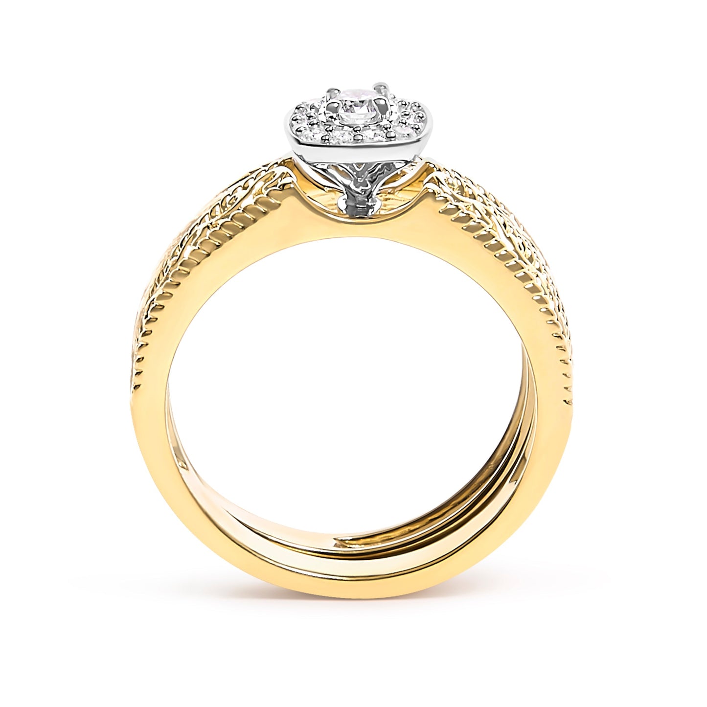 14K Yellow Gold Plated .925 Sterling Silver 1/5 Cttw Diamond Halo and Milgrain Finish Engagement Ring Bridal Set (I-J Color I3 Clarity) - Size 7 Bids.com