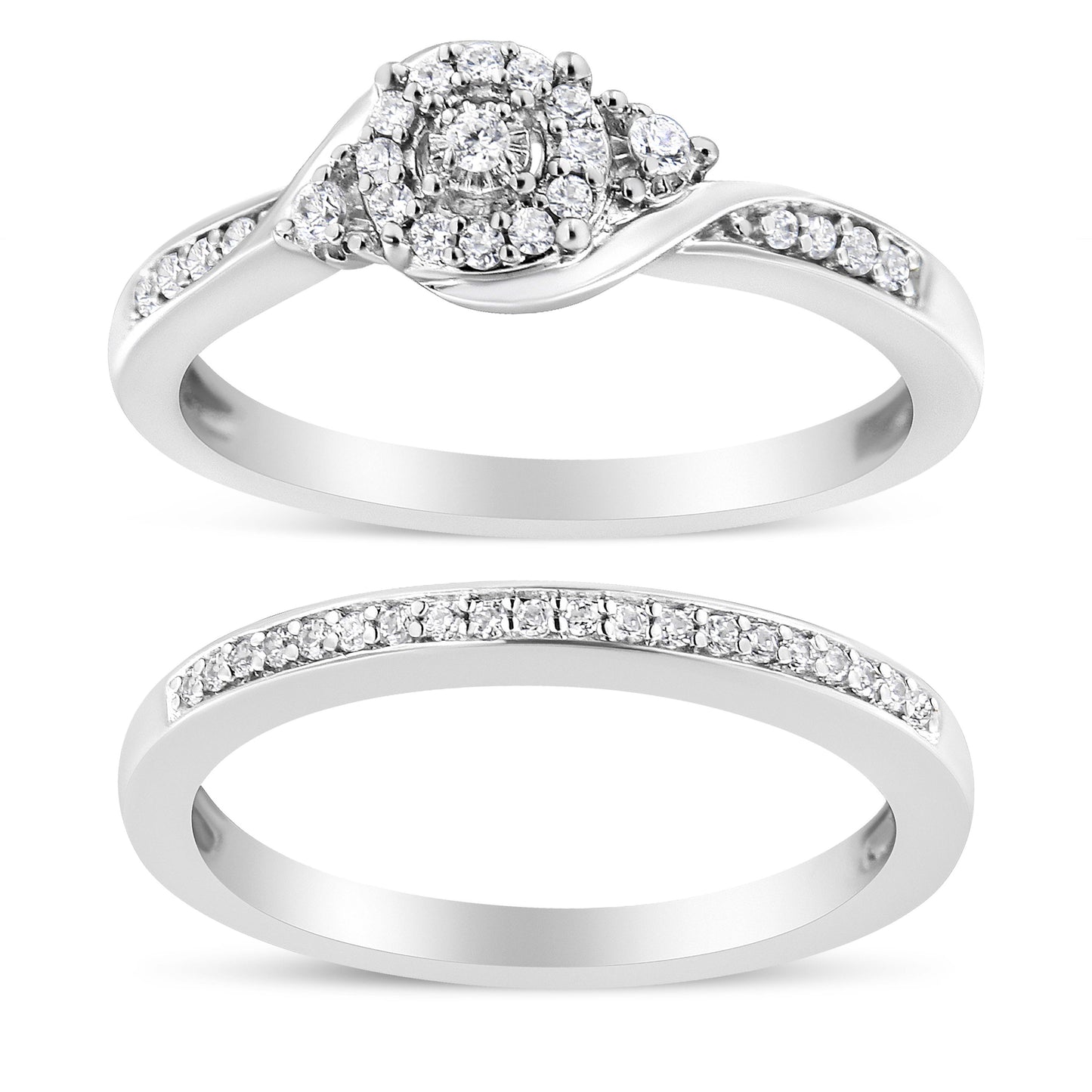 .925 Sterling Silver 1/4 Cttw Diamond Halo and Swirl Engagement Ring and Wedding Band Set (I-J Color, I3 Clarity)- Ring Size 7 Bids.com