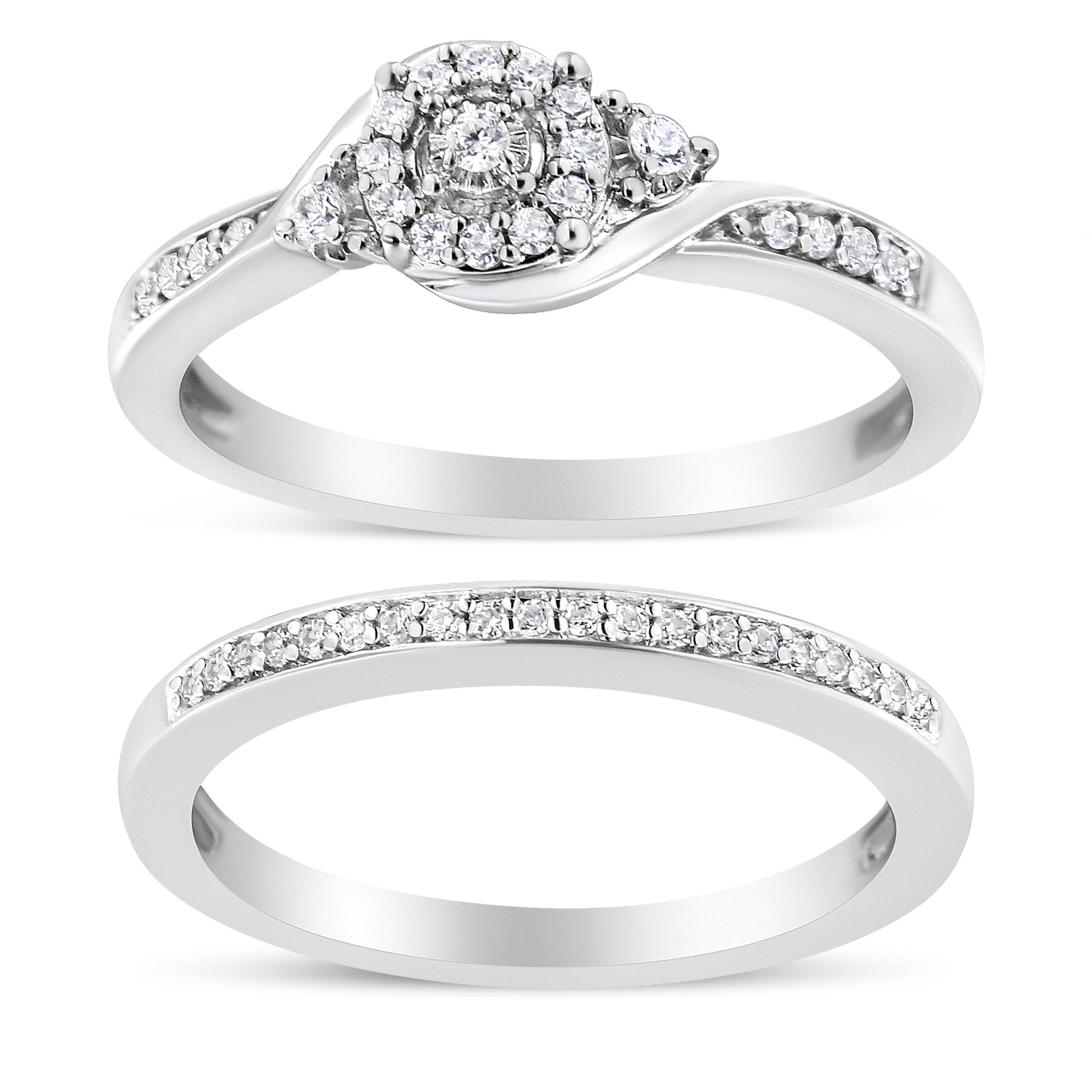 .925 Sterling Silver 1/4 Cttw Diamond Halo and Swirl Engagement Ring and Wedding Band Set (I-J Color, I3 Clarity)- Ring Size 7 Bids.com