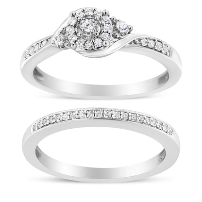 .925 Sterling Silver 1/4 Cttw Diamond Halo and Swirl Engagement Ring and Wedding Band Set (I-J Color, I3 Clarity)- Ring Size 7 Bids.com