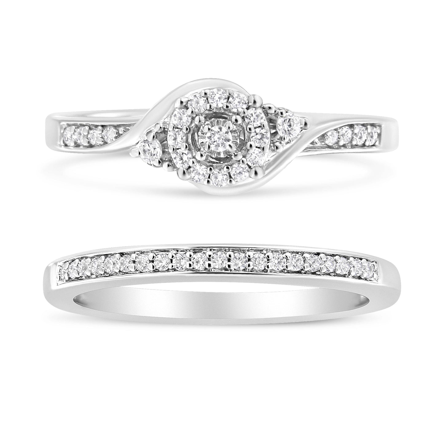 .925 Sterling Silver 1/4 Cttw Diamond Halo and Swirl Engagement Ring and Wedding Band Set (I-J Color, I3 Clarity)- Ring Size 7 Bids.com