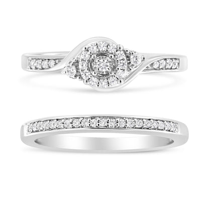 .925 Sterling Silver 1/4 Cttw Diamond Halo and Swirl Engagement Ring and Wedding Band Set (I-J Color, I3 Clarity)- Ring Size 7 Bids.com