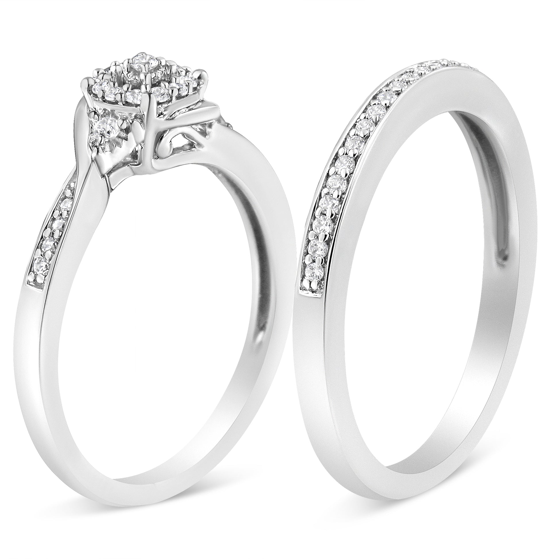 .925 Sterling Silver 1/4 Cttw Diamond Halo and Swirl Engagement Ring and Wedding Band Set (I-J Color, I3 Clarity)- Ring Size 7 Bids.com