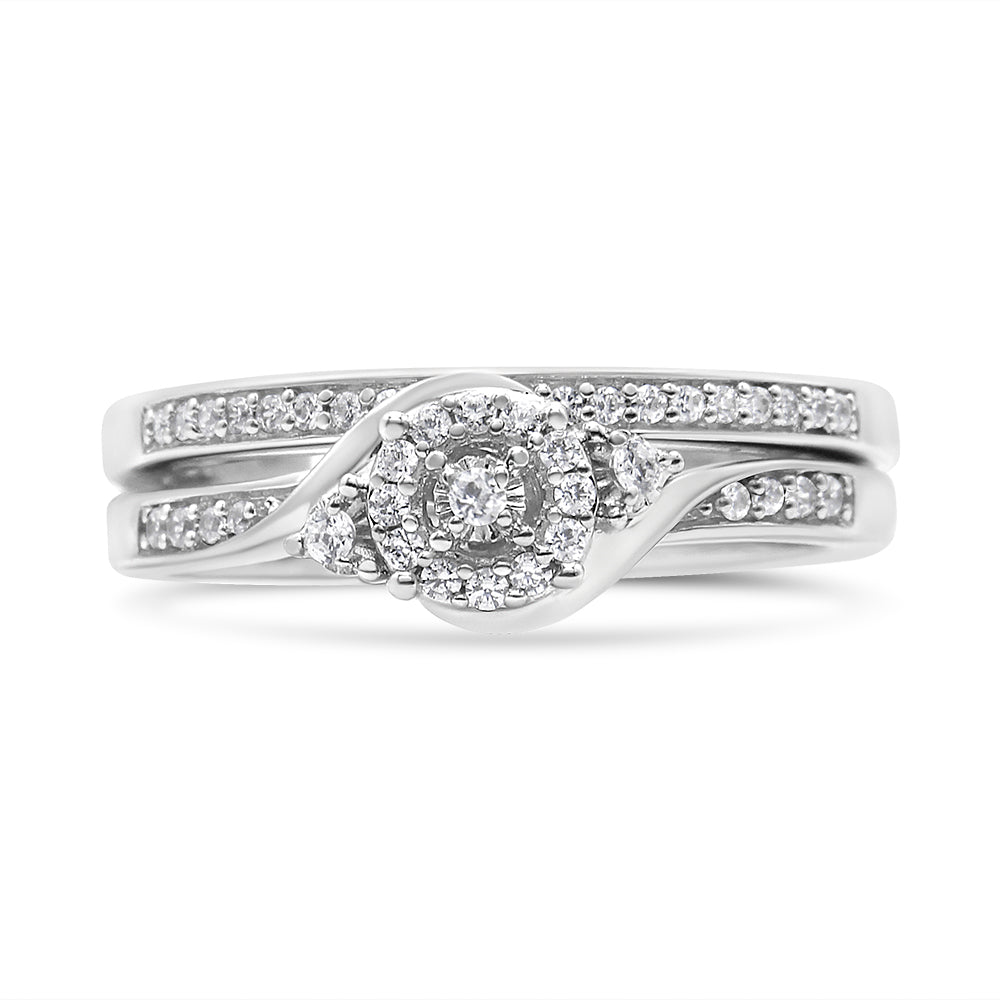 .925 Sterling Silver 1/4 Cttw Diamond Halo and Swirl Engagement Ring and Wedding Band Set (I-J Color, I3 Clarity)- Ring Size 7 Bids.com