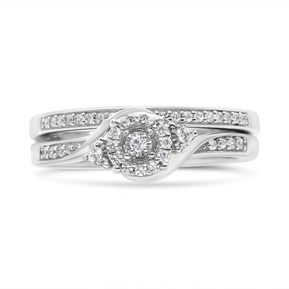 .925 Sterling Silver 1/4 Cttw Diamond Halo and Swirl Engagement Ring and Wedding Band Set (I-J Color, I3 Clarity)- Ring Size 7 Bids.com