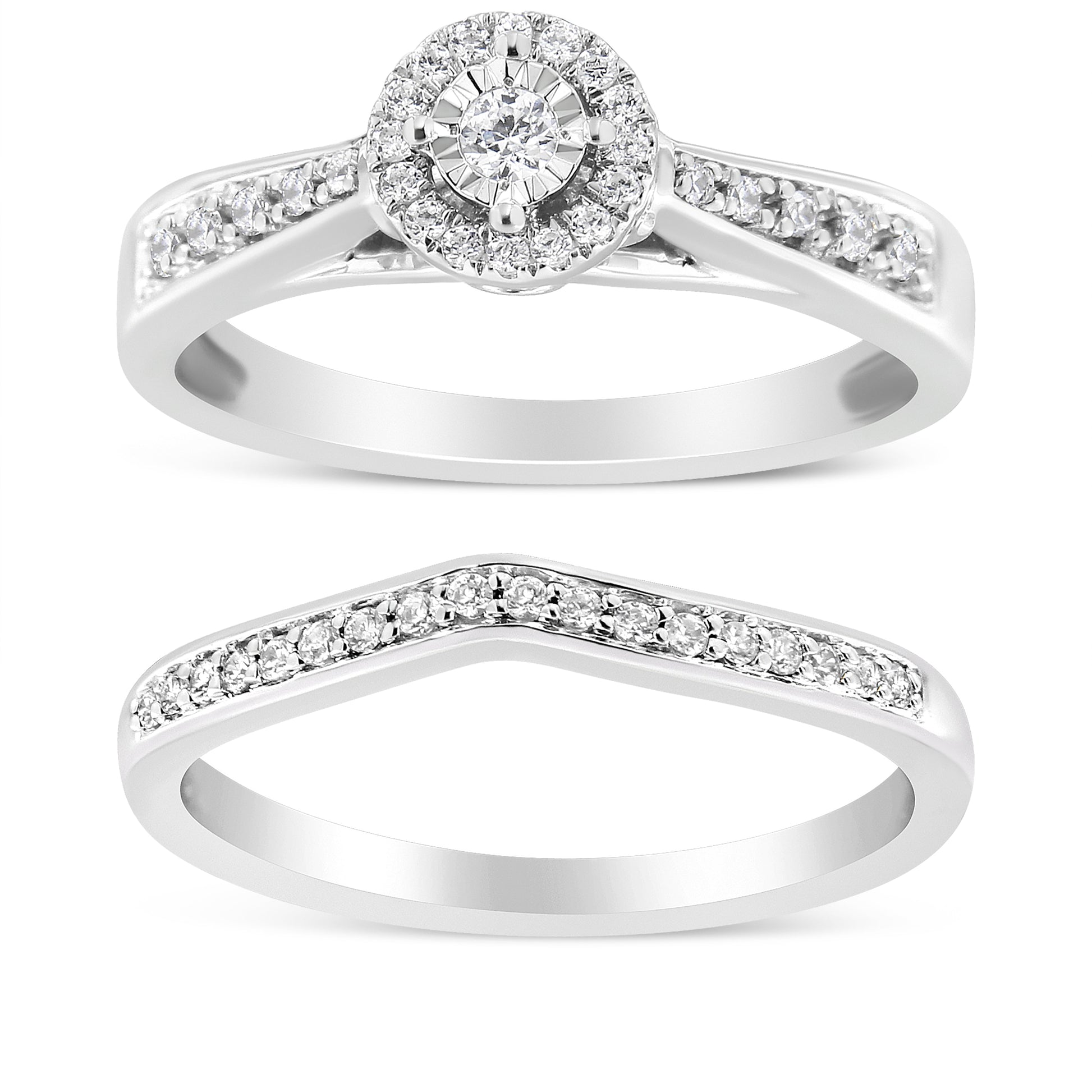 .925 Sterling Silver 1/3 Cttw Diamond Halo and Pave Shank Engagement Ring Set (I-J Color, I3 Clarity) - Ring Size 7 Bids.com
