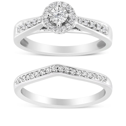 .925 Sterling Silver 1/3 Cttw Diamond Halo and Pave Shank Engagement Ring Set (I-J Color, I3 Clarity) - Ring Size 7 Bids.com