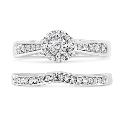 .925 Sterling Silver 1/3 Cttw Diamond Halo and Pave Shank Engagement Ring Set (I-J Color, I3 Clarity) - Ring Size 7 Bids.com