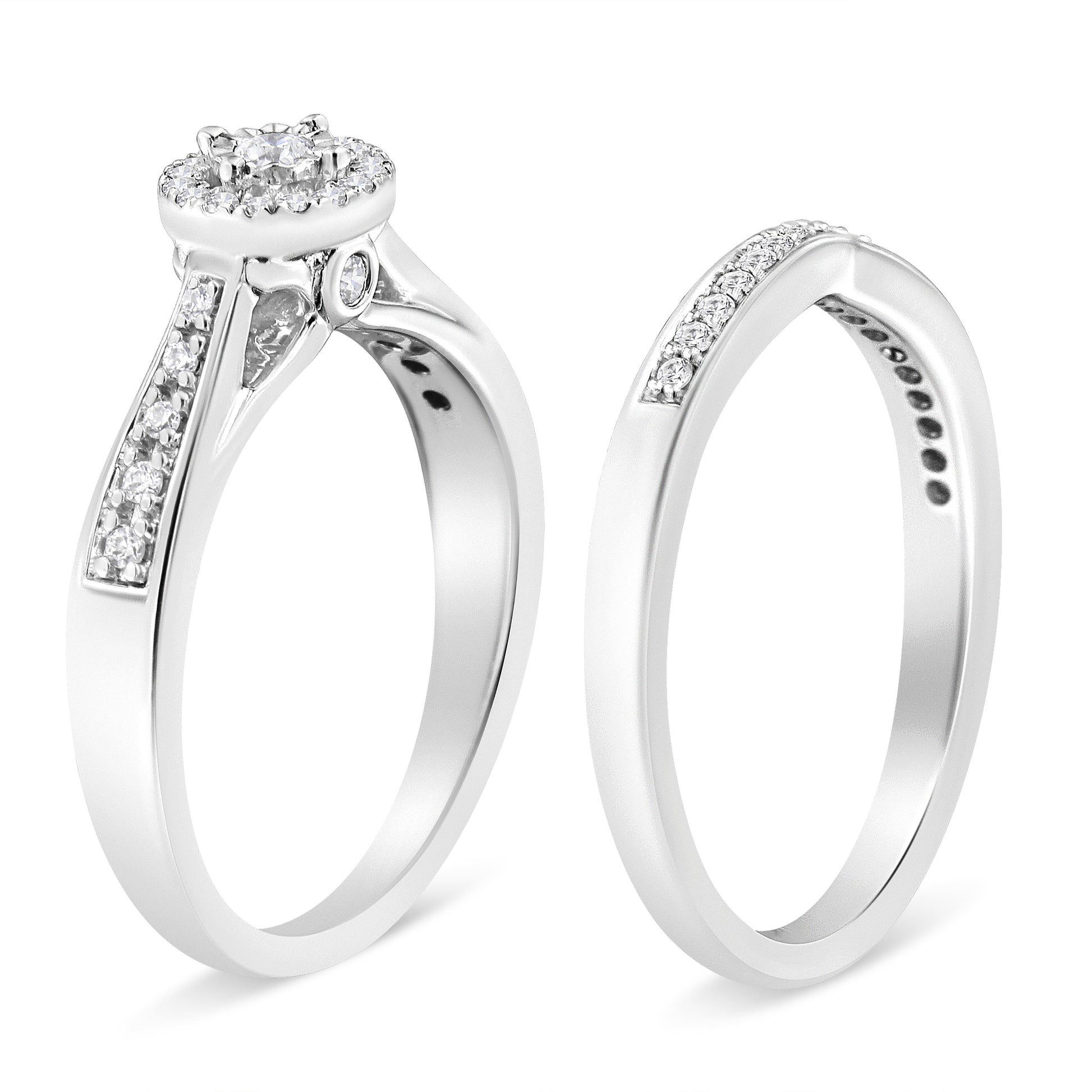 .925 Sterling Silver 1/3 Cttw Diamond Halo and Pave Shank Engagement Ring Set (I-J Color, I3 Clarity) - Ring Size 7 Bids.com