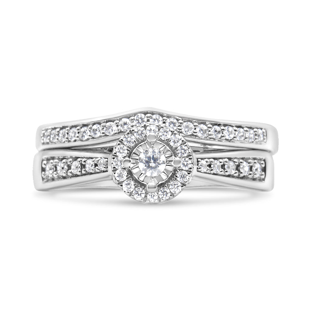 .925 Sterling Silver 1/3 Cttw Diamond Halo and Pave Shank Engagement Ring Set (I-J Color, I3 Clarity) - Ring Size 7 Bids.com